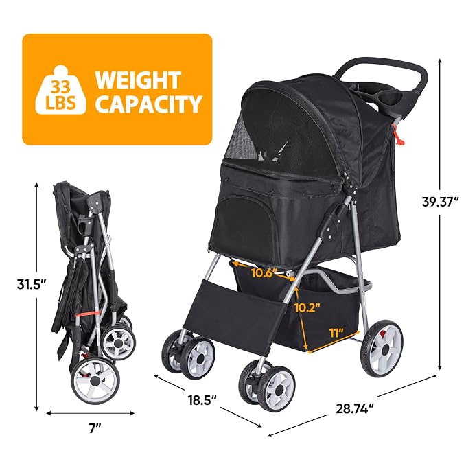 4 Wheels Dog Stroller Folding Pet Strolling Cart for Small Medium Cats Puppies Portable Jogger Travel Camping Puppy Carrier with Storage Basket Cup Holder, Black