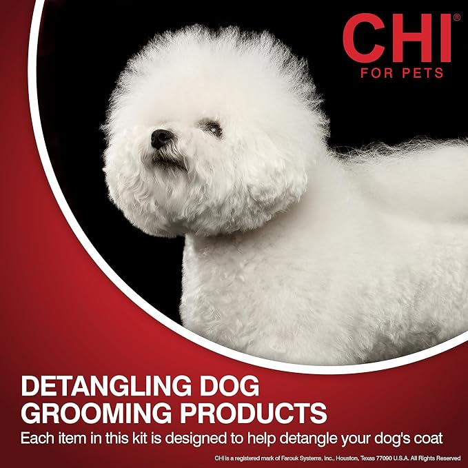 CHI for Dogs Small Dog Detangling Kit, 3-Piece Grooming Set with Detangling Spray, Slicker Brush, and Double-Sided Pin-and-Bristle Brush for Small Breeds with Tangles and Mats, Includes Zipper Pouch