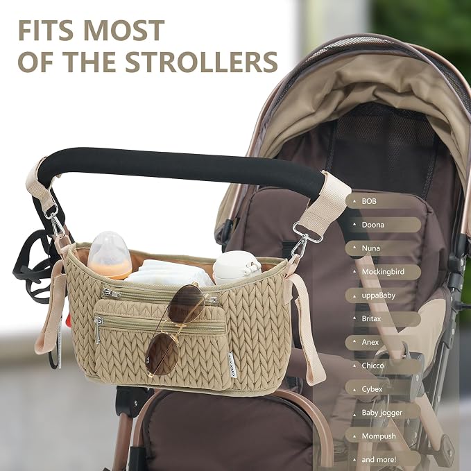 Stroller Organizer - Stylish 3D Herringbone Quilting Nylon, Universal Fit, Detachable Bag, Adjustable Multi-Storage for Baby Essentials