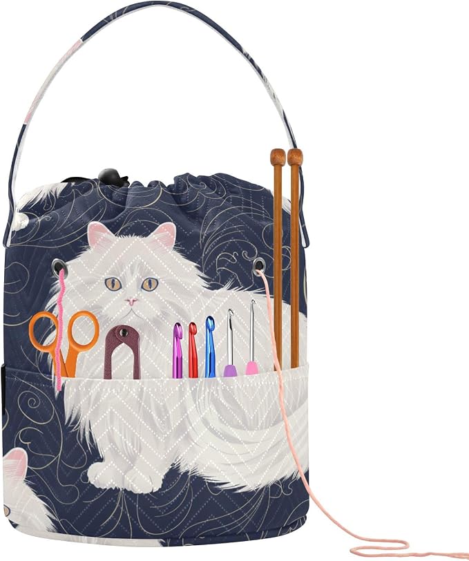 Fustylead Cute White Persian Cat on Dark Background Large Yarn Storage Tote Basket, Knitting Crochet Drawstring Organizer Bag for Crocheting Project, Yarn Balls, Needles Accessories