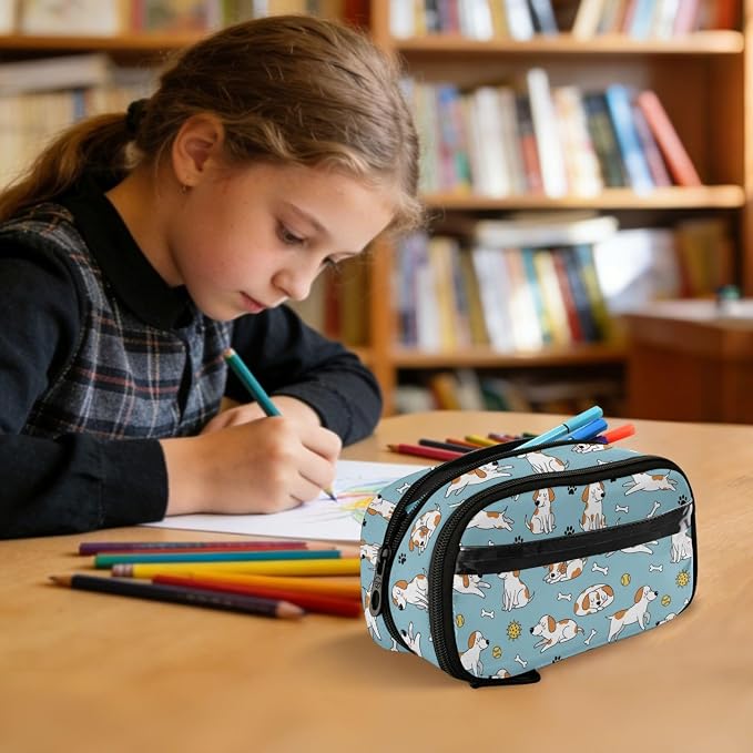 Pets Dogs Blue pattern Large Capacity Pencil Case with Zipper Water Resistant Portable Organizer Pen Bag for Office Students School