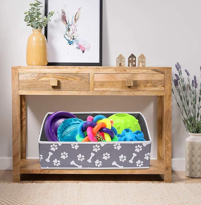 Linen-cotton Blend Dog Toy Organizer Basket - Storage for blankets, leashes, rope toys, clothing - Bone claw pattern