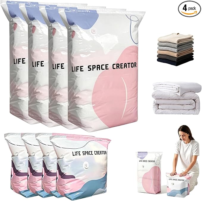 No Pump 3D Vacuum Storage Bags, Moisture and Dust Proof Closet Organizer Storage Bags, Reusable Space Saving Sealable Bags for Clothes, Duvets (4, S+L)