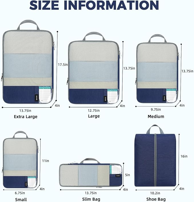 BAGAIL Lightweight Compression Packing Cubes for Travel, 6 Set, Navy | Salis Nylon Fabric,Anti-Tearing,Save Space,SBS Zippers,Packing List,PVC Tag Pocket,Custom Labels,Visible Mesh,Portable Handel
