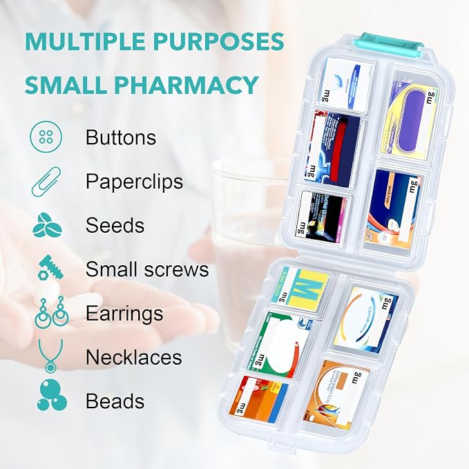 Pill Organizer Travel with 189 Medicine Labels, 10 Compartments Pill Container Travel Pill Box Purse Pill Case Compact Pill Organizer (White, 1 Pack)