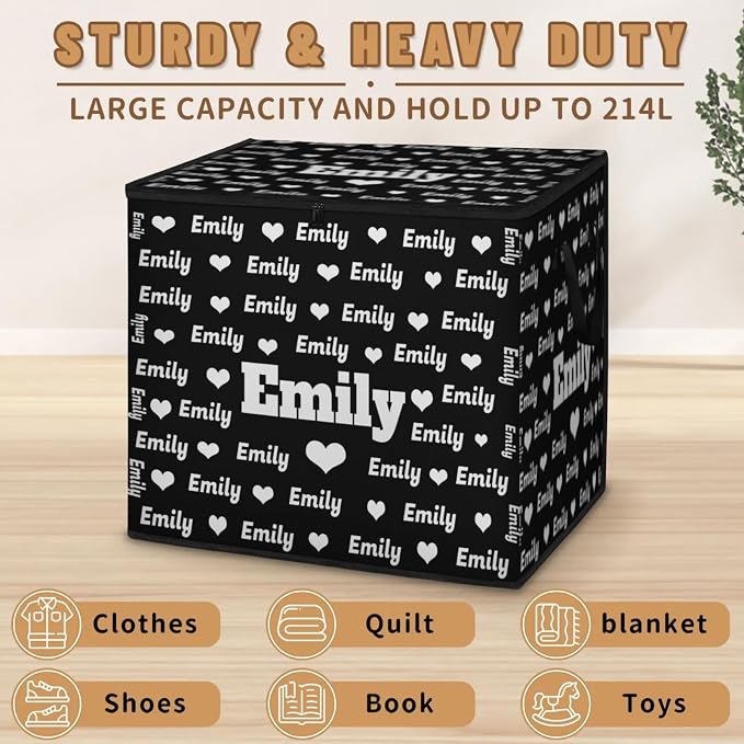 Custom Extra Large Storage Baskets Named with Lid, Personalized Storage Bins Basket Boxes Handles for Clothes Blanket Bedroom Closet Organizing Toys Shelves, Solid Black with Love Heart