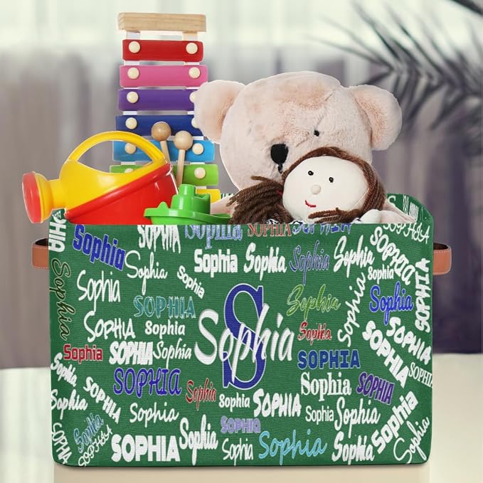 Personalized Kids Toy Box Name, Custom Nursery Baskets Cubes Box, Kids Custom Storage Basket Laundry Baskets Organizer with Handles, Deep Green Solid Background
