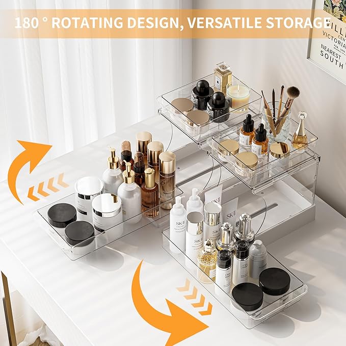 Jsyrjing 2 Pack Pull Out Spice Rack, 2 Tier Clear Cabinet Organizer | Rotating Pantry Organizer for Kitchen, Bathroom and Makeup Storage, Sliding Drawer Design for Under Sink Cabinets