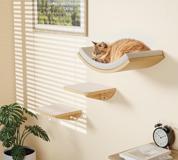 Cat Wall Shelves with Sisal Pads, 4-Piece Wooden Cats Furniture Set with Cat Window Perch, Flat Shelf & Sisal-Clad Steps for Climbing and Scratching
