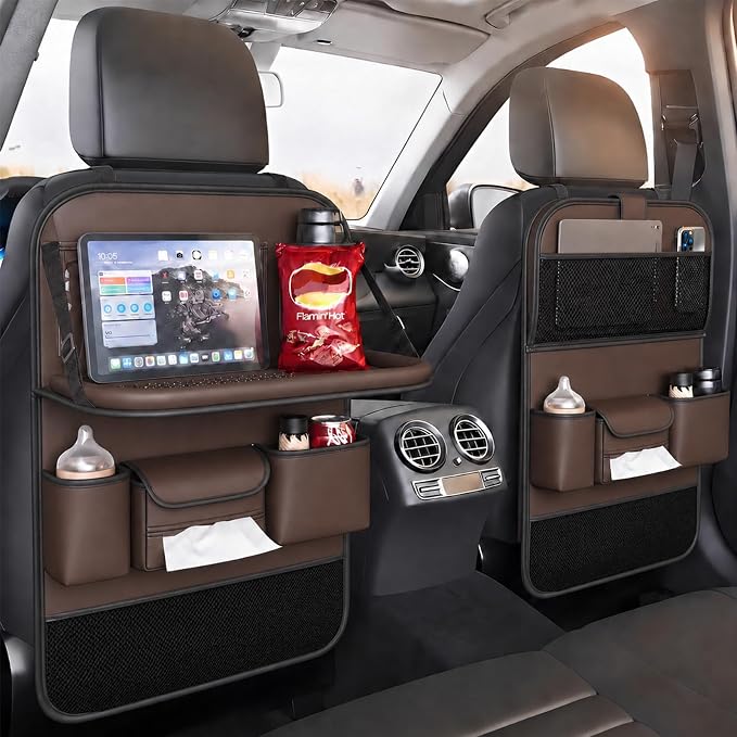 Car Seat Organizers,Multi-functional Back Seat Protectors, Storage Pouches, and Tray Holders (for Cars, Kids, Seat Back and Rear Seats)（Brown1 Pcs）