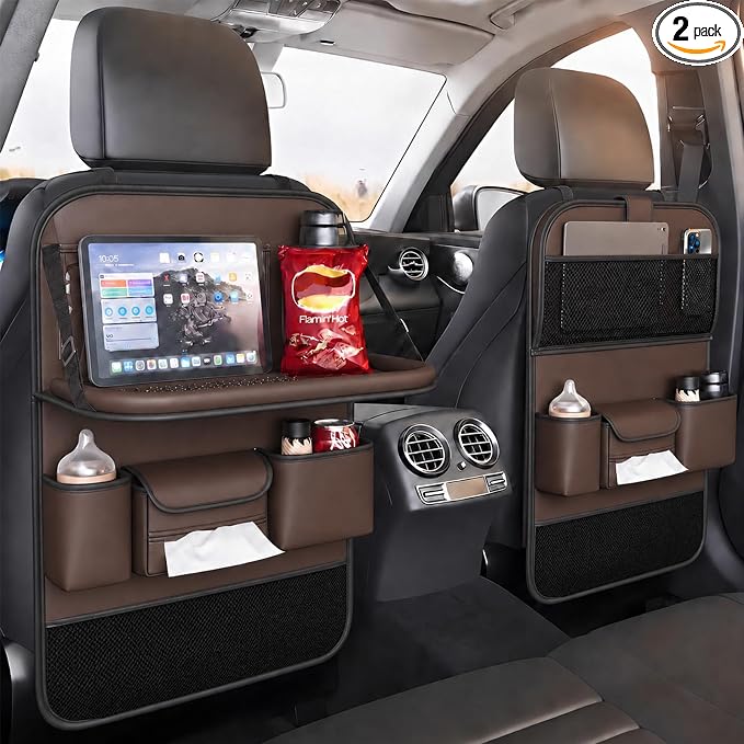 2 Pack Leather Car Backseat Organizer with Foldable Table Tray, Universal Car Seat Back Protector Kick Mat with Touchscreen Tablet Holder, Storage Pockets, Cup Holders & Tissue Holder, Brown