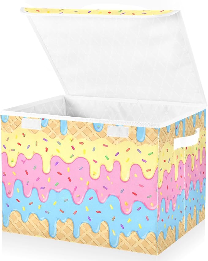Icecream Waffle Storage Bins with Lids Closet Bedroom 40L Fabric Bin | Decorative Storage Boxes, Foldable & Stackable, Dust-Proof Flip Top, Reinforced Handles, For Home & Dorm, Clothes & Toy Box