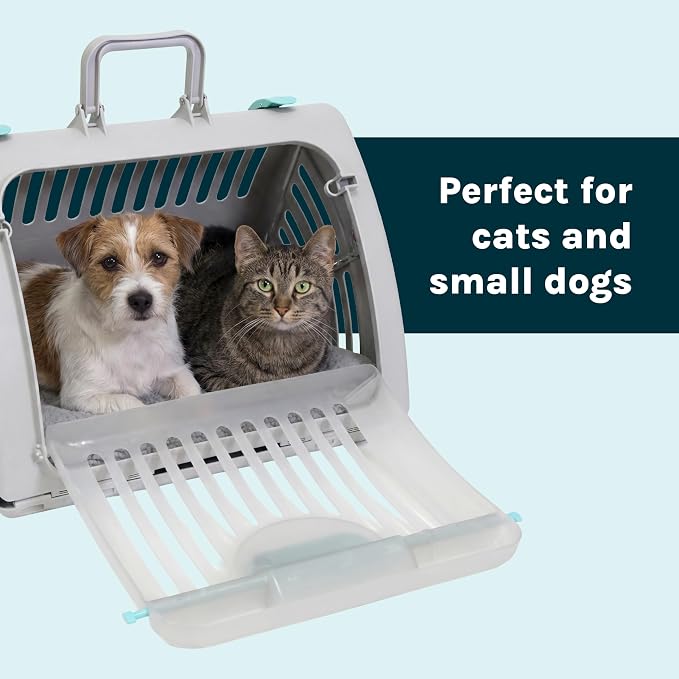SportPet Large Hard-Sided Travel Cat Carrier - Cat Carrier with Patented Wide Side-Opening Door, Foldable Portable Pet Carrier with Removable Bed for Cats & Small Pets up to 25lbs - Gray