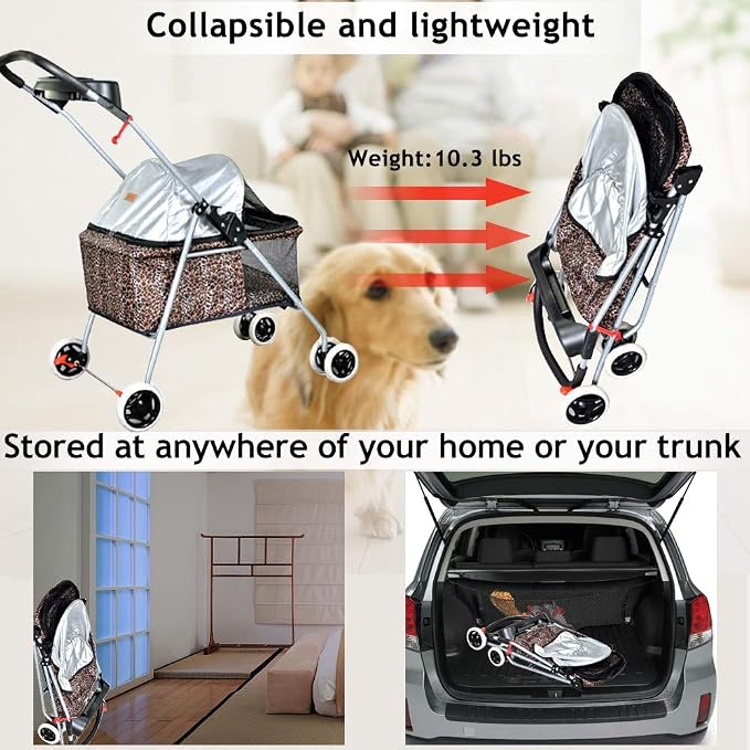 Dog Stroller Pet Stroller Cat Strollers Jogger for Small-Medium Dogs, Cats Folding Travel Carrier Durable 4 Wheels Doggie Cage with Cup Holder Waterproof Puppy Strolling Cart Leopard Skin