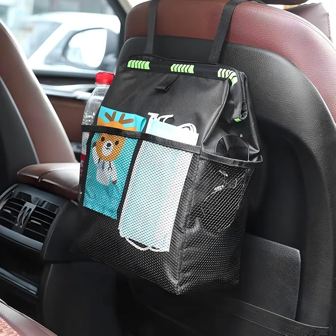 Fekey&JF Foldable Hanging Car Trash Can with Storage Pockets, Blue | waterproof lining, hanging strap, Velcro closure, fits most sedans, SUVs, and trucks, car interior accessories