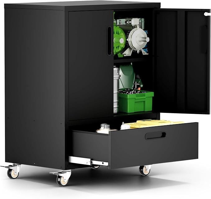 Garage Cabinets,Metal Garage Storage Cabinet with Wheels,Black Lockable Rolling Tool Cabinet with Drawer and Adjustable Shelves,Heavy Duty Tools Cabinet for Home Office Utility Room