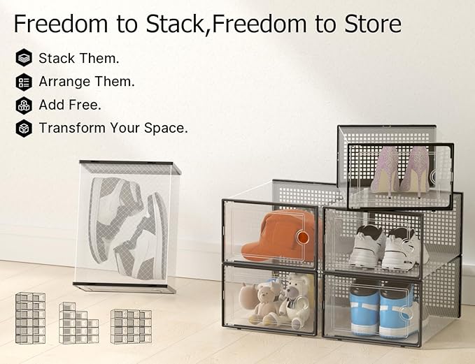 Kuject XX-Large Shoe Storage Boxes 12 Pack, Clear Stackable Shoe Organizer | Shoe Case for Closet, Entryway & Under-Bed Storage, Drop-Front Design, Space-Saving Solution for Family Organization,Black