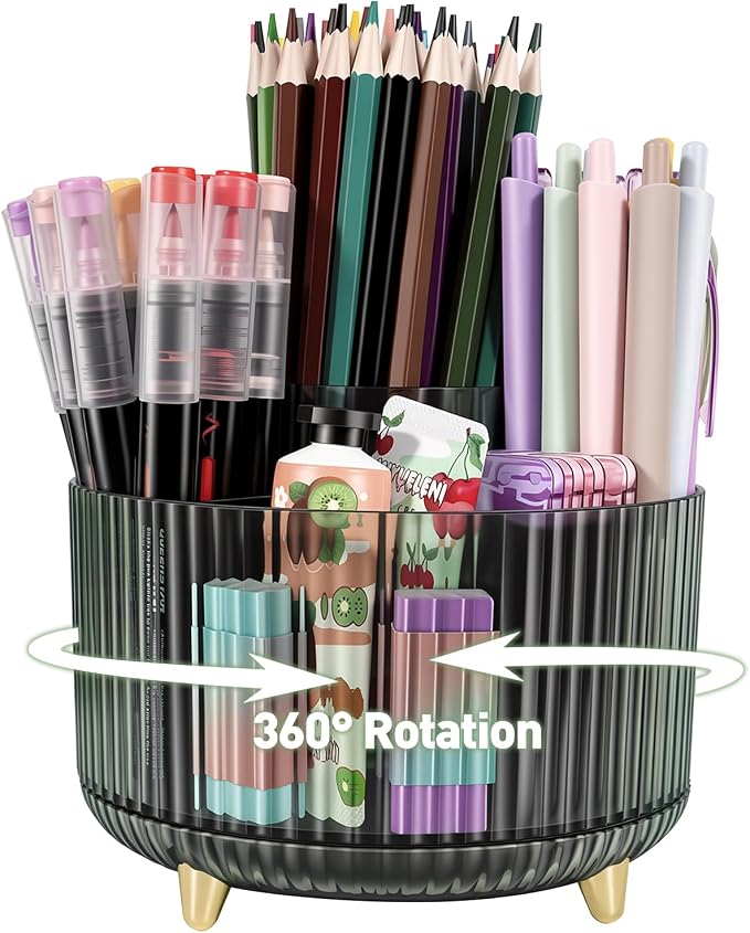 360 Rotating Pen Pencil Holder for Desk, Pen Organizer with 5 Slots | Makeup Brush Holder, Desk Organizer and Accessories, Cute Pencil Cup Caddy for Office School Home Decor Art Supply (Green)