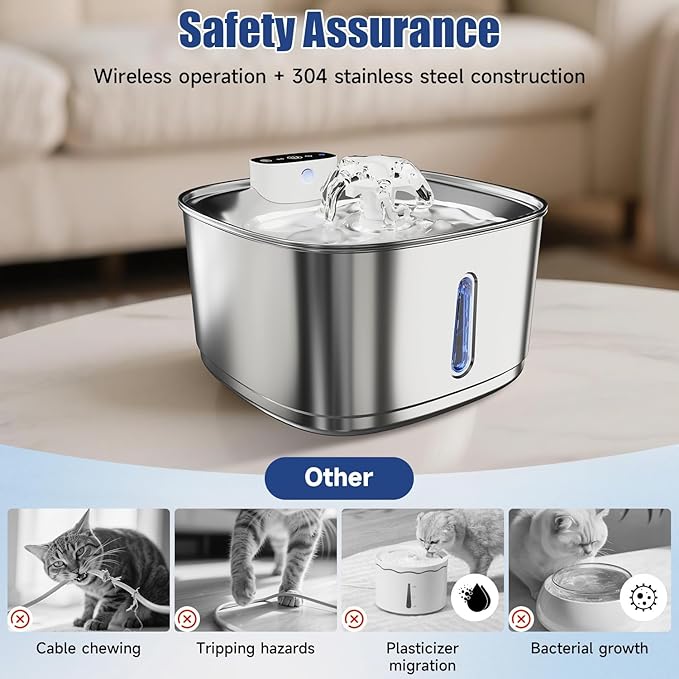 Pawinner Cat Water Fountain Cordless with 2 Filters & 2 Sponges, 108oz/3.2L Wireless Pet Water Fountains for Cats, Ultra Quiet Pump, Battery Operated Cat Drinking Fountain with Motion Sensor