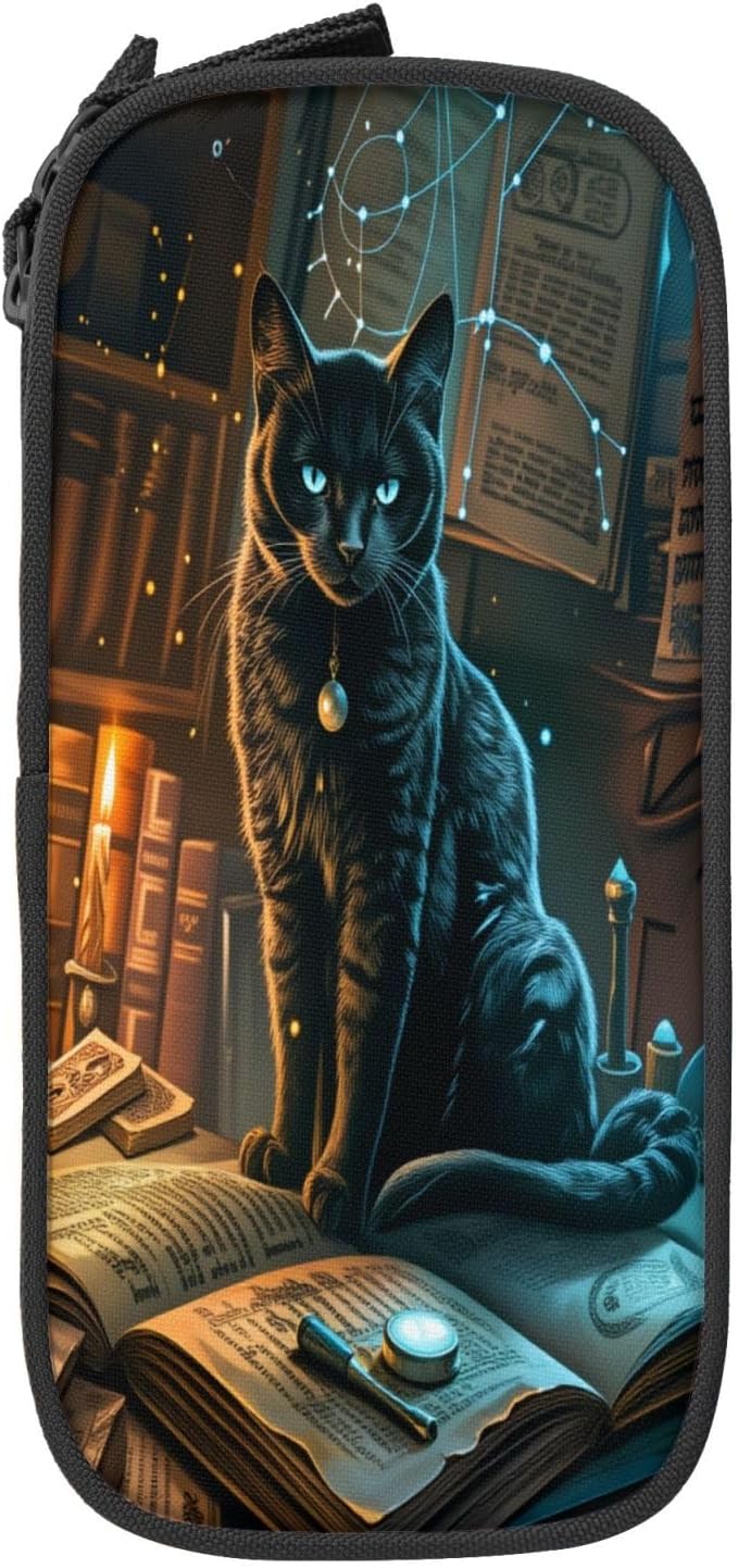 Cute Black Cat Pencil Pouch, Oxford Cloth Pen Case With Double Zipper Compartments, Portable Stationery Organizer For Office Supplies, Travel Accessories Makeup Items