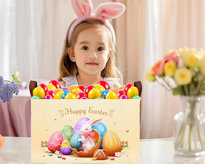 Large Rectangular Easter Baskets Empty Waterproof Boy Toy Box Foldable Kid's Gifts Storage Bin Spring Room Decor(Shell Breaking Rabbit Chicken)