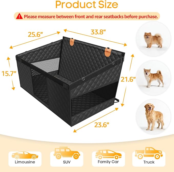 Large Dog Car Seat, Back Seat Extender for Dogs with Hard Bottom | Waterproof Medium Carseat for Dogs with 3 Mesh Windows, Pet Seat Cover for Cars, Trucks and SUVs