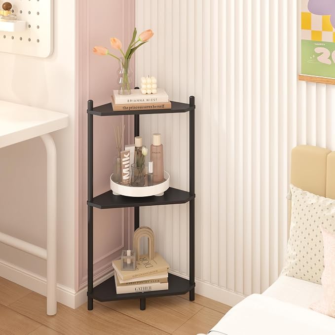 Wisuce Black Small Corner Shelf Stand, 3-Tier Bamboo Corner Bookshelf | Space-Saving Narrow Corner Shelf | Bathroom Corner Shelf | Shelves for Bedroom, Living Room, Kitchen & Plant Display