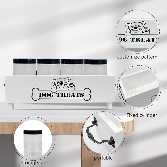 Large Dog Treats Container, Dog Cookie Jar for Dogs Cat Treats Container, Farmhouse Wood Pet Treats Storage Organizer for Dog Food Storage Container with 4 Jars, Cat Dog Treat Organizer(White)