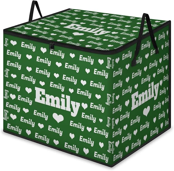 Personalized Extra Large Storage Bins with Lid, Customized Name Dark Green with Love Heart Jumbo Storage Basket Rectangle Clothes Organizer for Organizing Kids and Pets Toys Shelf Closet
