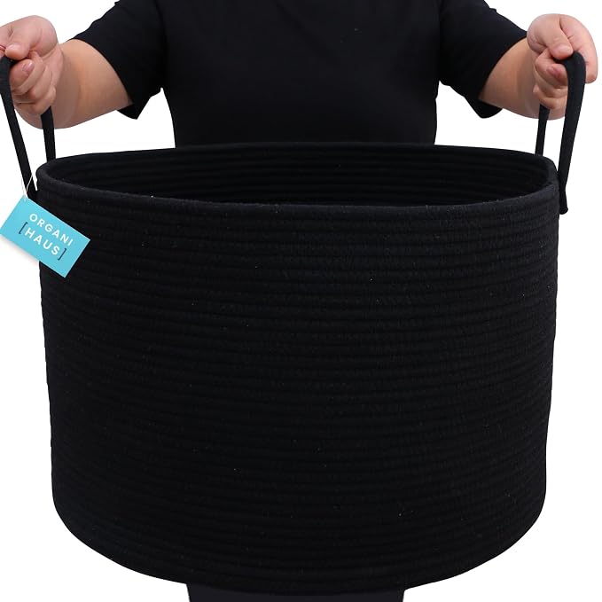 OrganiHaus Round Toy Basket & Blanket Basket, Cotton Rope 20x13" | Full Black - Round Cotton Rope Basket, 20x13"