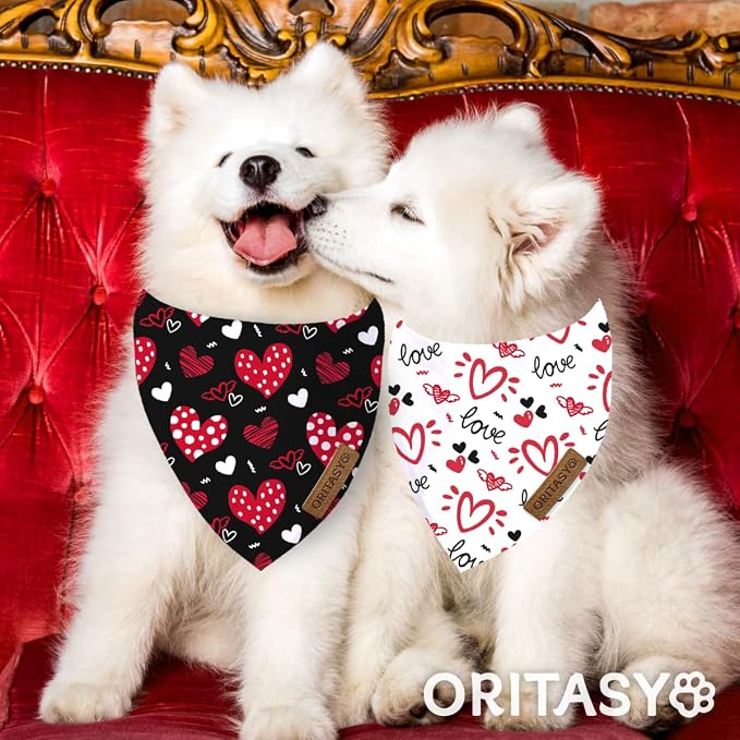 Valentines Day Dog Bandanas, 2-Pack Triangle Reversible Valentine Pet Scarves, Premium Fabric, Bandana for All Boys Girls Dogs (XL, Style 2)