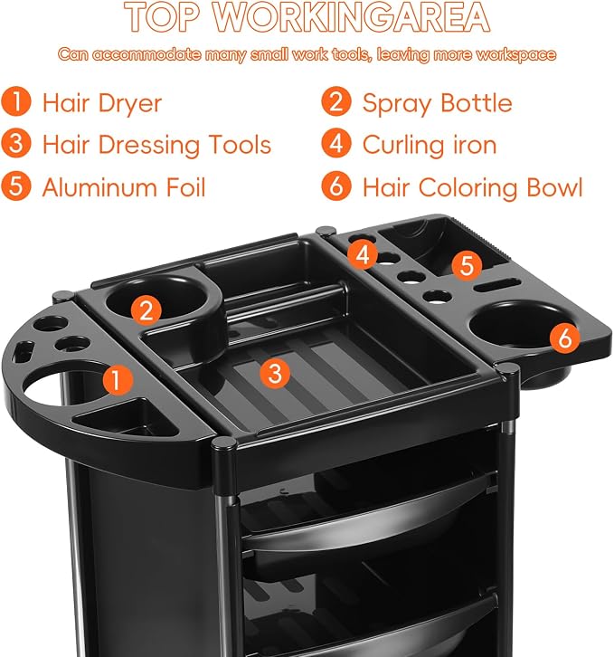 Salon Trolley Cart, 6-Layer Hair Stylist Cart with Wheels,Portable Salon Station Rolling Storage Trolley with Worktop Trays for Barbering or Hairstyling Beauty SPA Tattoo Service (Black)