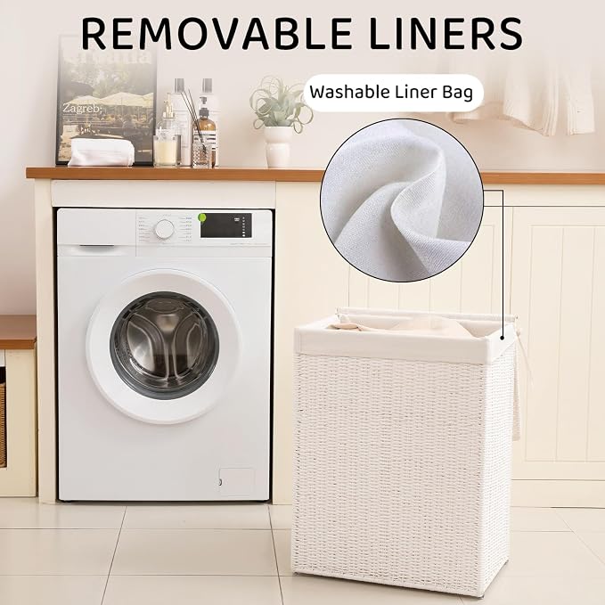 OIAHOMY Laundry Hamper with Lid, 90L(23.8 Gal) Large Wicker Laundry Basket for Bedroom, Handwoven Paper Rope Clothes Hamper with Washable Liner & Metal Frame, Decorative Organizer for Bathroom White