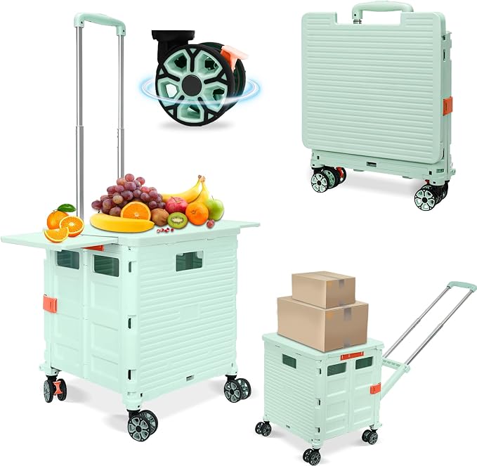 FELICON SELORSS Folding Utility Cart Portable Rolling Crate Handcart-Green | Adjustable Handle+Extended Magnetic Lid,Storage Basket Box,4 Swivel Wheels Tote for Teacher Move Shop Travel Grocery Office