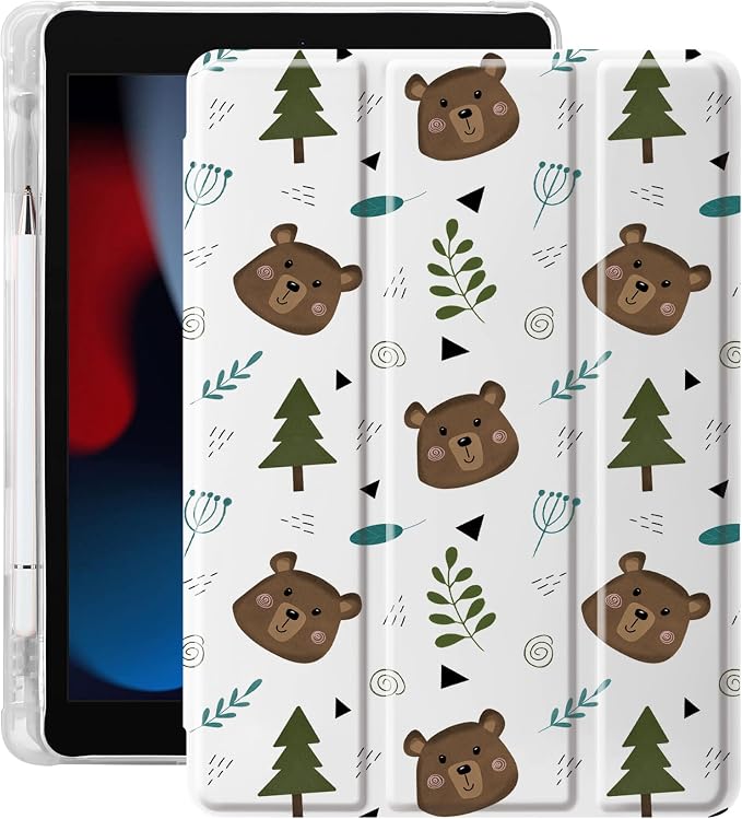 Cute Lovely Bear Case for 11" iPad Pro(2024), Clear TPU Smart Stand Back Cover with Pencil Holder, Auto Wake/Sleep Foldable Shockproof Protective Case