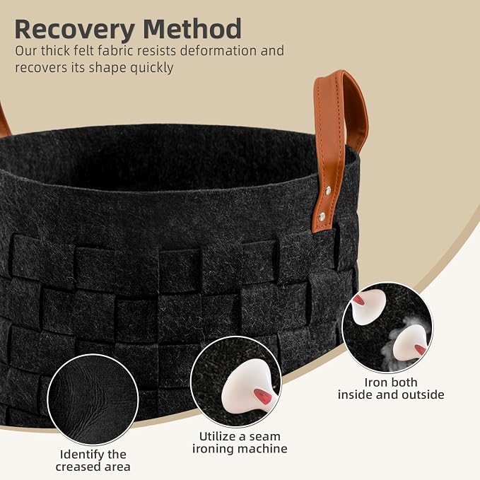 boldmonkey Laundry Basket 20 " x20 x11.8 , Large Round Blanket Basket with Leather Handle, Felt Storage Basket for Living Room, Nursery, Dog Toys-Dark Gray