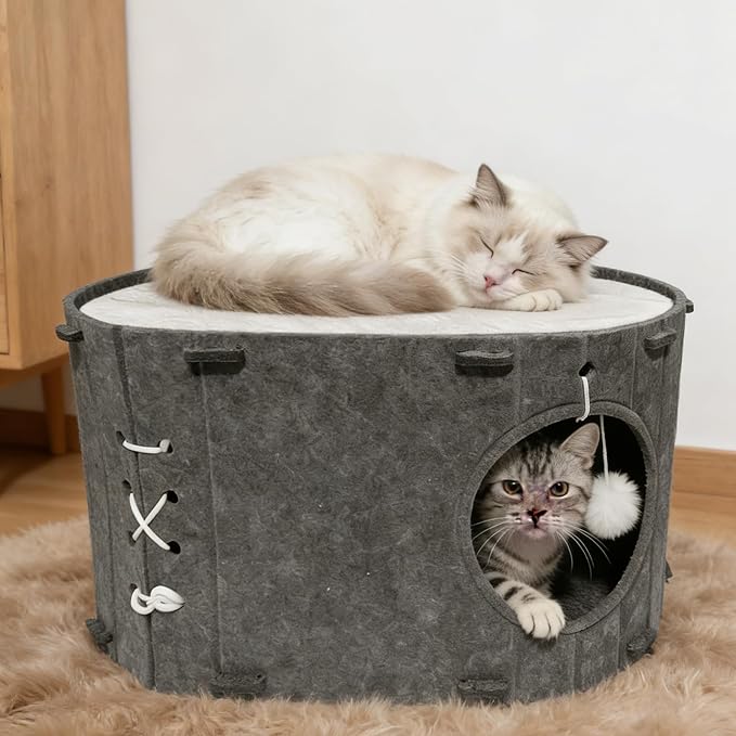 Cat House for Indoor Cats - Foldable Cat Bed Cave with Scratch-Resistant Felt Cats Tunnel Bed Condo & Hanging Fluffy Ball | Cozy Spacious Hideaway for Multi-Cats| Durable & Easy to Store Gray