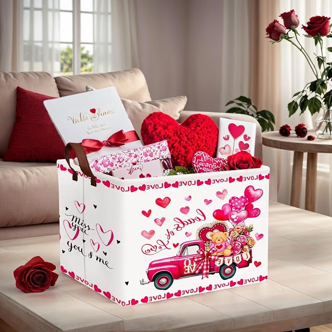 Cute Large Valentine's Day Gift Basket Empty Heart Decor Storage Bin for Kid Baby Room Décor (Rose Red Truck Bear)