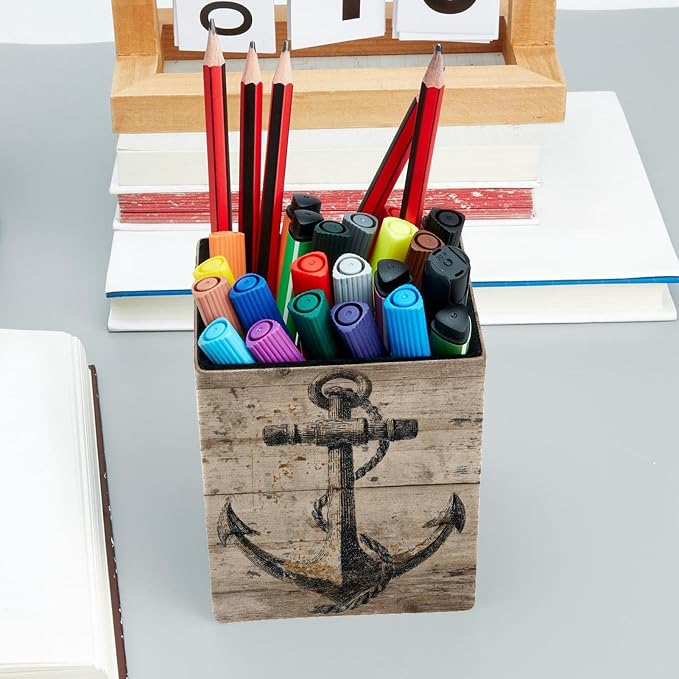 Vintage Anchor Pen Holder for Desk Decor, Rectangular PVC Leather Pencil Cup for Desk Pen Organizer, Makeup Brush Holder for School, Home, Office