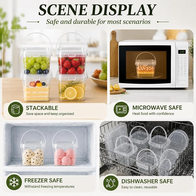 METAPACK 9.5 fl oz/280 ml Square Food Storage Container with Lid and Handle | Stackable Containers for Candy, Desserts, Party Favors, Kids Snacks, Kitchen Organization and Portable Food Storage