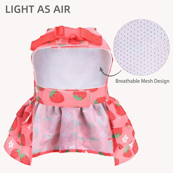 PUPTECK Summer Dog Dress with Bow and Leash Ring, Pink Strawberry M | Cute Adorable Breathable Mesh Dog Clothes for Small Medium Dogs Puppy Cats, Pet Outfit Apparel for Birthday Party