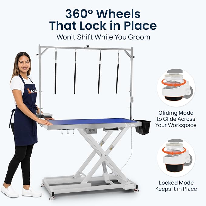 Professional Electric Dog Grooming Table - Heavy Duty | Height Adjustable Pet Grooming Table w/Leveling Wheels, Dog Grooming Arm, Anti-Slip Tabletop & Tool Organizer (White, 49")