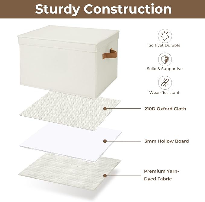 StorageWorks Fabric Storage Bins with Lids, Closet Storage Bins | Lidded Dust-proof, Easy Pull Handles, Foldable, Stackable, Ideal for Clothes Blanket Towel, Jumbo, Ivory, 3-Pack