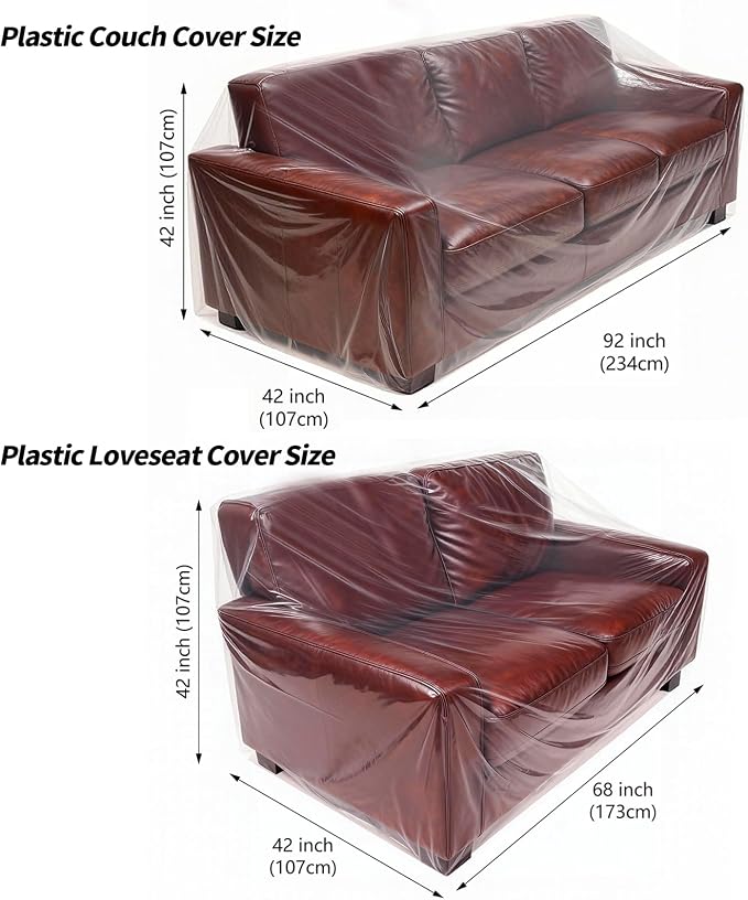 2 Pack Plastic Couch Cover Loveseat Cover with Elastic Band, Clear Furniture Cover Sofa Cover Protector for Moving and Storage, Waterproof & Dustproof Moving Bags for Couch Slipcover