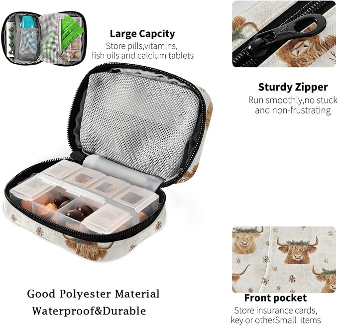 Fustylead Christmas Shaggy Highland Cows and Decor Pill Organizer Travel Bag, Small Portable Pill Case Cute for Vitamin Fish Oil Supplements Medicine Organizer with Zipper