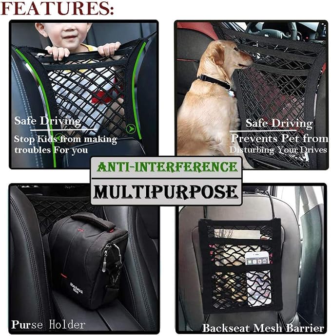 DYKESON Dog Car Net Barrier with Mesh Organizer, Pet Divider for Cars, SUVs | Upgraded Pet Barrier With Stretchable Storage Bag Pouch，Auto Backseat Net, Pet kids Safety Divider, Easy Install (3 Layer M)