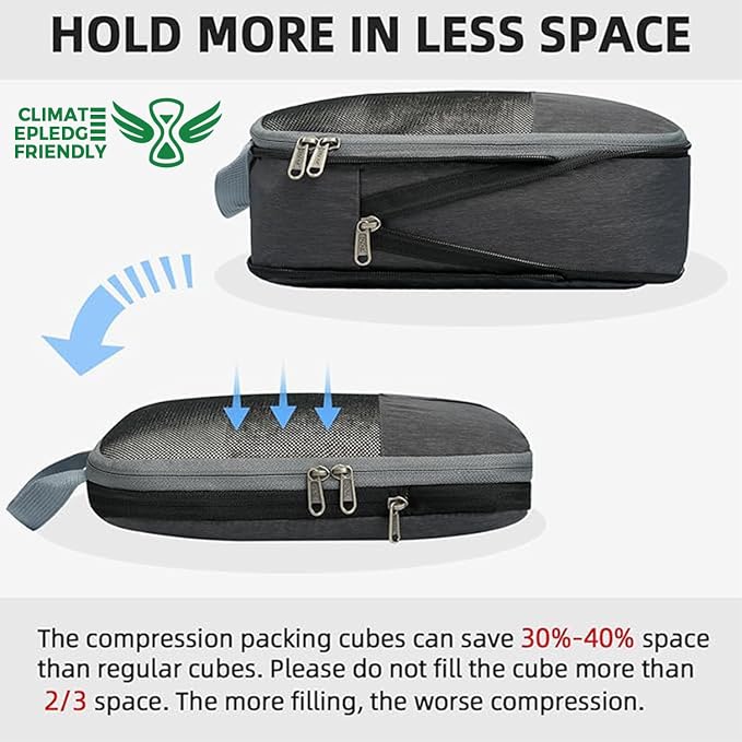 BAGAIL Lightweight Compression Packing Cubes for Travel, 6 Set, Dark Grey | Salis Nylon Fabric,Anti-Tearing,Save Space,SBS Zippers,Packing List,PVC Tag Pocket,Custom Labels,Visible Mesh,Portable Handel