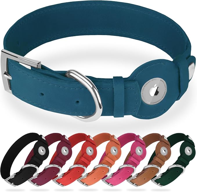 Leather Dog Collar with Airtag Holder - Apple Air Tag Dog Collars - Soft Tracking GPS Pet Collar for Small Medium Large Dogs Breed Puppy (Smoky Blue, XL, 19"-24" Neck Fit)