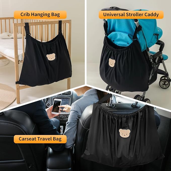 Universal Stroller Organizer Nylon Stroller Storage Bag for Baby Essentials | Large Capacity, Non-Slip, Adjustable, with Hook & Loop, Fits for Uppababy, Nuna, Britax, Doona Strollers, Black Bear