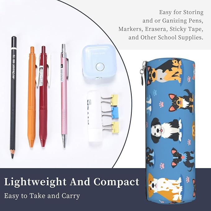 OSAM SPACE Leather Pencil Case Round Pencil Bag Cute Dogs Breeds Pen Organizer Holder Portable Zipper Pouch Cute School Supplies for Girls Boys Study Office